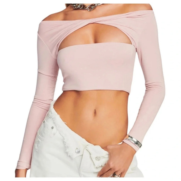 SALE‼️SER.O.YA Ellis Jersey Crop Top Sz XS Pink Cutout Twist Front Long Sleeve - Picture 1 of 5